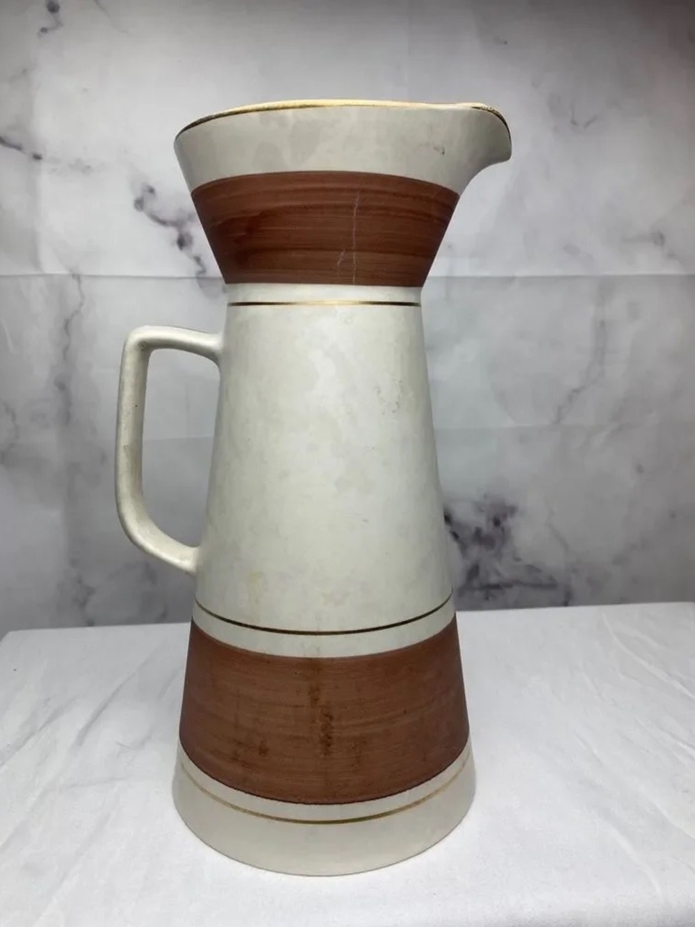 Rustic White and Brown Ceramic Pitcher - Home Art Accent